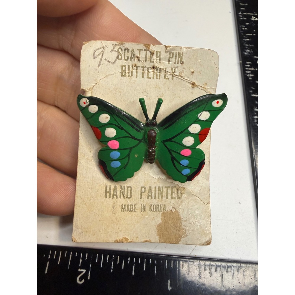 Vintage Hand Painted Butterfly Scatter Pin Green Enamel Brooch Made in Korea